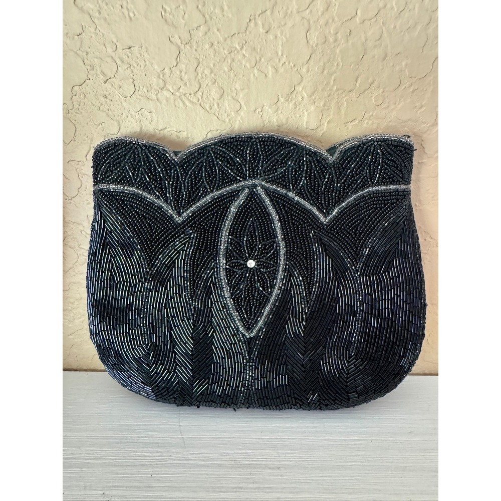 Vintage Black Beaded Clutch Evening Bag Art Deco Style‎ Handbag Scalloped Floral